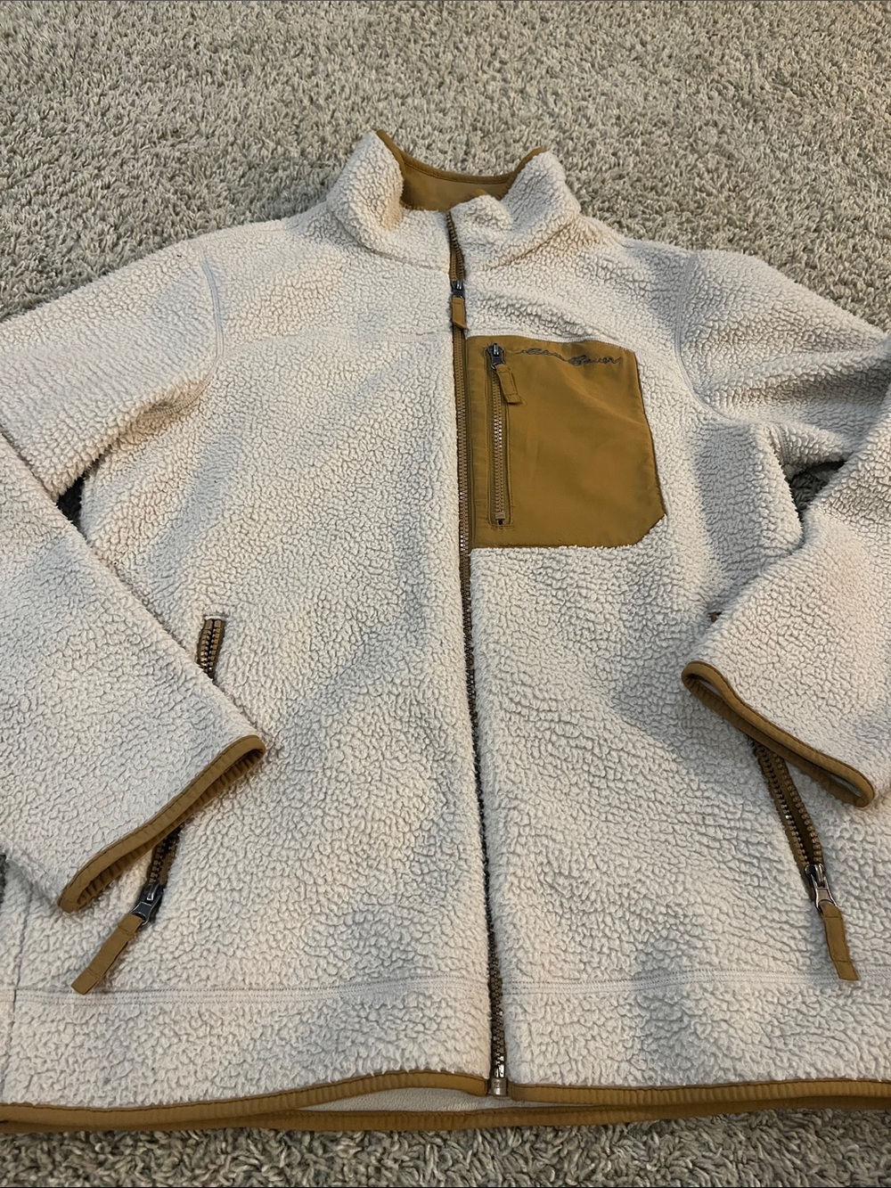 Eddie Bauer Cream Sherpa Jacket with Tan Pocket Trim